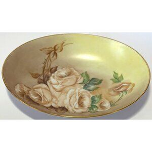 Vintage MCM Decorative Oval Bowl Painted Floral Flowers Mid-Century Brown Green